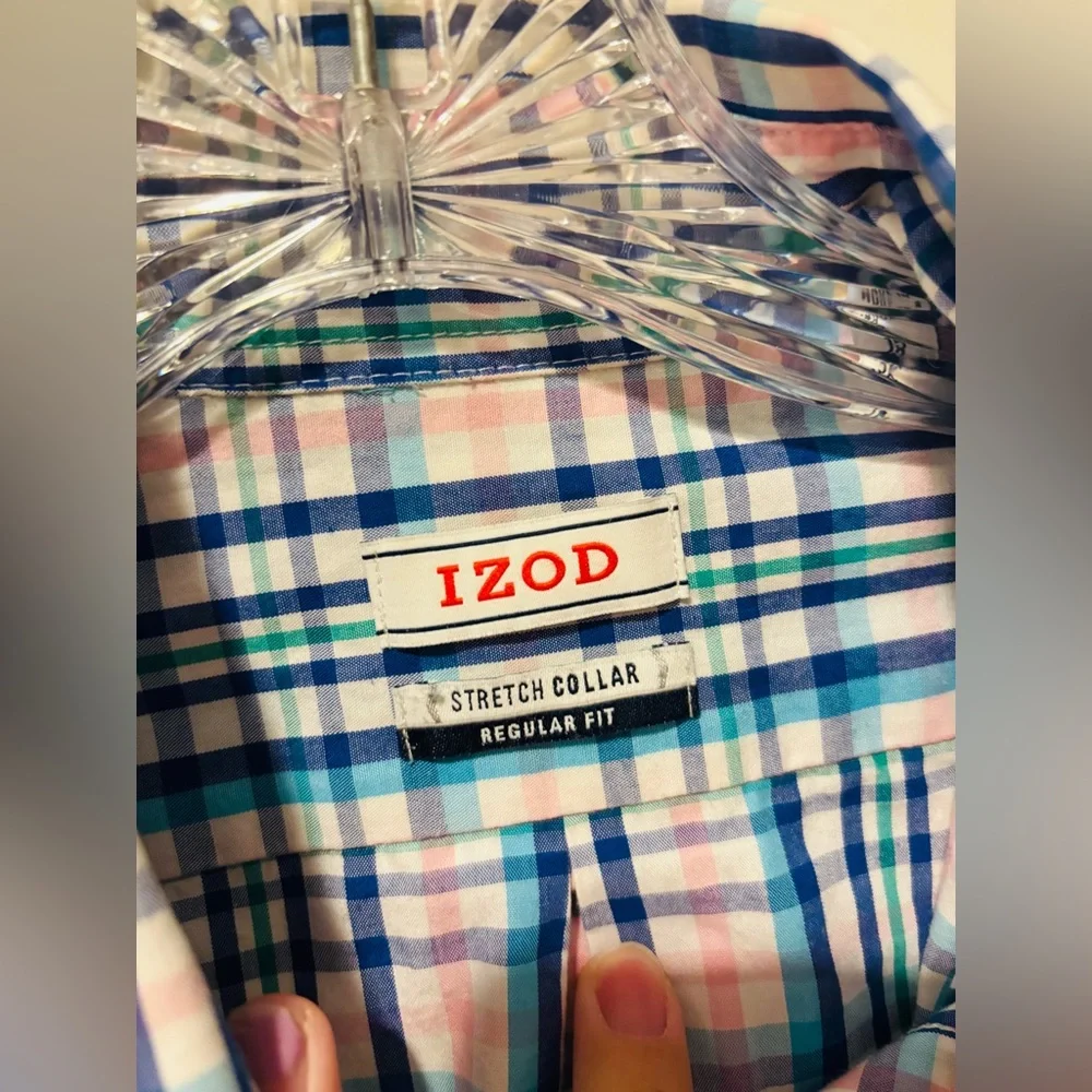 IZOD Stretch Collar Regular Fit Men's Plaid Button Down Shirt, Size 15 32/33